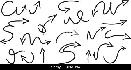 Hand gezeichneter Pfeil Set elegante gebogene Pfeile auf weißem Hintergrund Stock Vektor