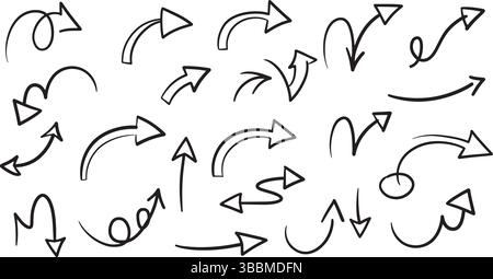 Vielseitige, gekrümmte Pfeile, handgezeichnete Zeigersymbole für Navigation und Grafiken Stock Vektor
