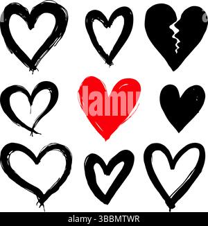 Set aus neun handgezeichneten Herzformen in schwarzer und roter Tinte, gemalt mit Pinselstrichen auf weißem Hintergrund, die Liebe und Emotionskonzepte zum Ausdruck bringen Stock Vektor