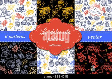 Stilvolle La Dolce Vita Vektormuster im Outline-Stil. Enthält italienische Motive: Zitronen, Liegestühle, Meeresfrüchte und Sommersymbole. Ideal für elegantes Design Stock Vektor