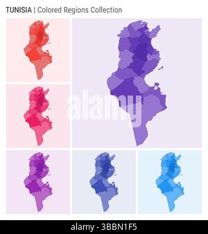 Tunesien Kartensammlung. Länderform mit farbigen Regionen. Tiefviolett, rot, rosa, lila, Indigo, blaue Farbpaletten. Stock Vektor