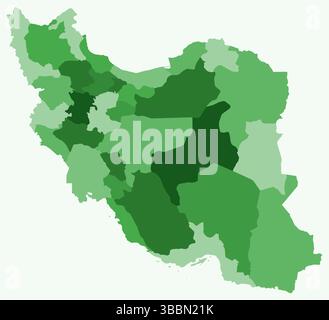 Karte von Iran mit Regionen. Nur eine einfache Ländergrenzkarte mit regionaler Aufteilung. Grüne Farbpalette. Stock Vektor