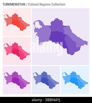 Kartensammlung Turkmenistan. Länderform mit farbigen Regionen. Dunkelviolett, Rot, Rosa, Lila, Indigo, blaue Farbpaletten. Stock Vektor