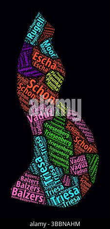 Liechtenstein Word Cloud. Ländernamen des Landes in deutscher Sprache. Helles Neondesign auf dunklem Hintergrund. Stock Vektor