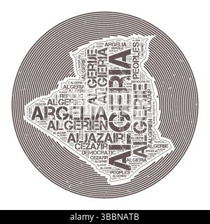 Algerien Vektorbild. Country Round-Logo-Design. Algerisches Poster in Kreisbögen und Wortwolke. Moderne Vektorillustration. Stock Vektor