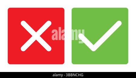 Grünes Häkchen und rotes x im Quadrat, OK-Häkchen und X-Kreuz-Symbol, Vektordarstellung Stock Vektor