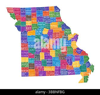 Missouri-Form. State Word Cloud mit Bezirksabteilung. Missouri farbige Illustration. County Names Cloud. Vektorabbildung. Stock Vektor