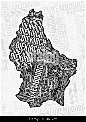 Luxemburg Regionen Map Word Cloud. Namen der luxemburgischen Region. Schwarz-weiß-Kartendesign. Wunderschöne Vektorillustration. Stock Vektor