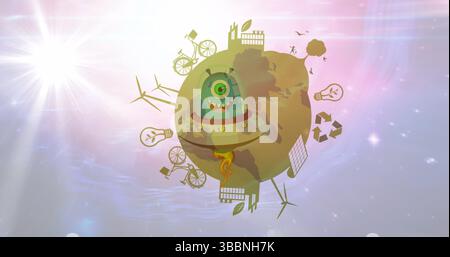 Schwebende Zyklopen-Kreatur in einer fliegenden Untertasse, die einen stilisierten Globus im Weltraum umkreist, Öko-Ikonen Stockfoto