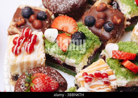 Bunte süße Mini-Kuchen. Verschiedene kleine Desserts mit Obst. Cremiges Gebäck mit Beeren. Grüner Schwamm, Schokoladenglasur, Schlagsahne. Stockfoto