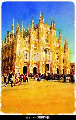 Künstlerisches Aquarellbild mit der komplizierten gotischen Fassade der Mailänder Kathedrale, einem Wahrzeichen in Italien. Stockfoto