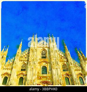 Künstlerisches Aquarellbild mit der komplizierten gotischen Fassade der Mailänder Kathedrale, einem Wahrzeichen in Italien. Stockfoto