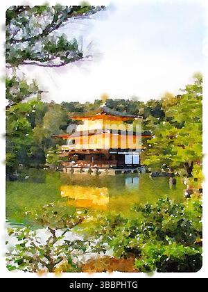 Künstlerisches Aquarellbild, das die historischen Tempel und traditionellen Gebäude von Kyoto mit blühenden Kirschblüten im Frühling festnimmt. Stockfoto