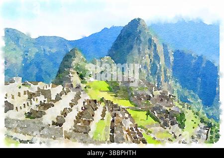 Künstlerisches Aquarellbild mit der alten Inka-Zitadelle Machu Picchu inmitten der üppigen Anden in Peru. Stockfoto