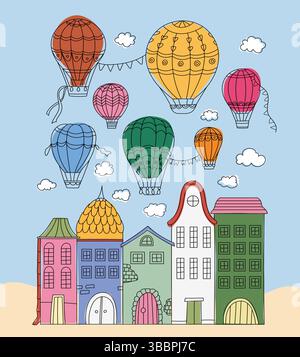 Vektor-Illustration Von Ballons, Die Über Der Stadt Schweben Stock Vektor