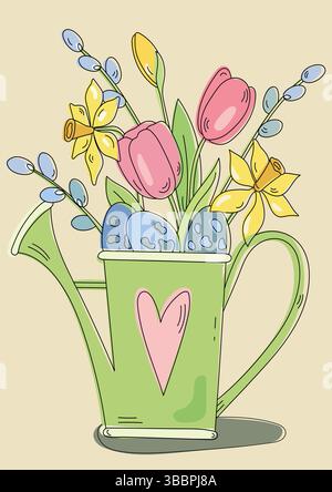 Vektor-Illustration Einer Raum-Gießkanne mit Blumen in Einem Cartoon-Stil Stock Vektor