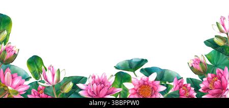 Horizontales Banner mit wunderschönen rosa Lotusblüten, grünen Blättern und Knospen auf isoliertem Hintergrund. Handgezeichnete Illustration von Seerosen. Strauß von Stockfoto