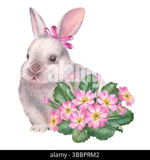 Osterflauschiger weißer Hase mit rosa Primula-Blüten. Handgezeichnete Aquarellillustration von Babykaninchen und Kerze auf isoliertem Hintergrund. Niedlich Stockfoto