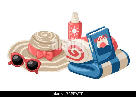 Sommer-Strand-Essentials mit Hut, Sonnenbrille, Sonnencreme, gestreiften Handtüchern und neuem Buch. Illustration des Zeichentrickvektors Stock Vektor