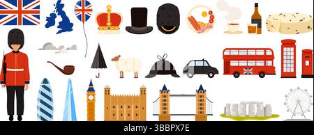Reisen Sie nach Großbritannien, London Set. Wahrzeichen, Lebensmittel- und Kultursymbole und Aufkleber Sammlung mit Flagge und Karte, Telefonkabine und Wache, Königin Krone, Whisky Cartoon Vektor Illustration Stock Vektor