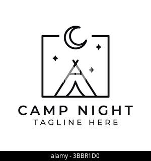 Camp Night Scene Logo für Business Outdoor und Urlaub Badge einfache Linie Illustration Stock Vektor