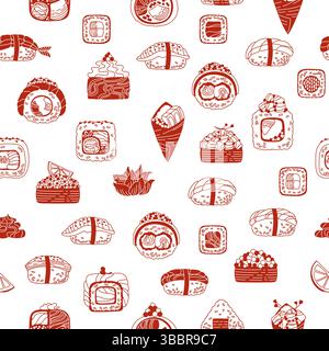 Nahtloses Sushi-Zeichentrickmuster. Traditionelles asiatisches japanisches Essen grenzenloser Hintergrund. Verschiedene Arten Sushi Meeresfrüchte endlose Vektor Design für Papier Druck Stoff Textil Wrapper Hintergrund Vorlage Stock Vektor