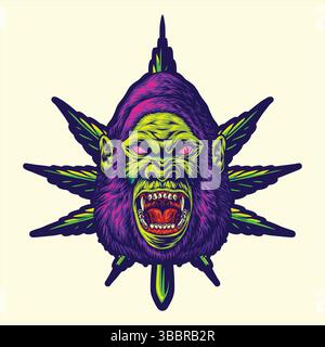 Gorilla Head umgeben von Cannabisblättern in leuchtenden Farben Logo Vektor-Illustrationen für Ihre Arbeit Logo, Merchandise T-Shirt, Aufkleber und Etikett des Stock Vektor