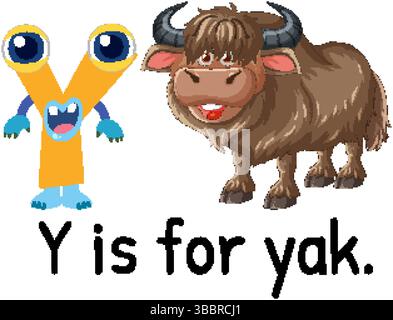 Verspielte Vektor-Illustration des Buchstaben Y und ein Yak, lebendige Farben, lehrreiches Thema Stock Vektor