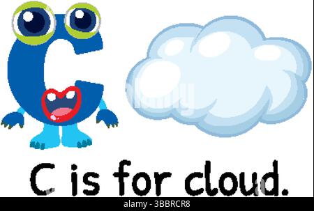 Skurrile Vektor-Illustration des Buchstabens C mit einer Karikaturwolke. Leuchtende Farben und verspieltes Design für pädagogische Zwecke Stock Vektor