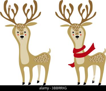 Niedliche Vektor-Wildtiere von Hirschen mit und ohne Weihnachtsschal Stock Vektor