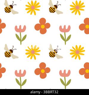 Süßes nahtloses Sommermuster mit Bienen und wilden, einfachen Blumen. Stock Vektor