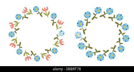 Wilde Blumen Kranz Set. Blaue und rosafarbene einfache Blumen. Stock Vektor