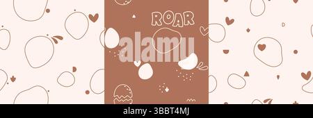 Ein Set süßer nahtloser Muster für Kinder, gezeichnet in neutralen Pastellfarben mit Dino-Ei, Brüllen, Linien, Herzen und Flecken. Stock Vektor