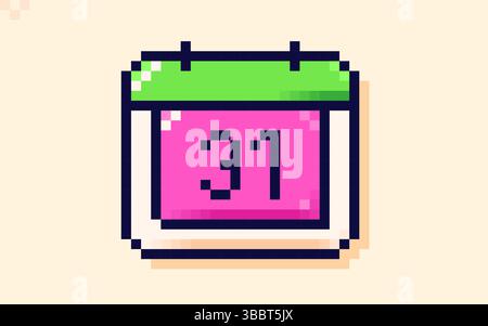 Das Kalendersymbol mit dem Datum des 31. Ist im 8-Bit-Pixelstil gezeichnet. Grüne und magentafarbene Farben. Stock Vektor