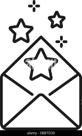 Öffnen Sie Das Symbol Umschlag Mit Sternlinie. Symbol Für Besondere Einladung, Exklusives Angebot Und Celebration Ansage Outline. Werbeaktion Für Veranstaltungen. Bearbeitbare Kontur Stock Vektor