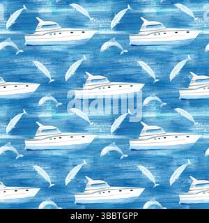 Yachten und Delfine auf einem strukturierten Meeresblau Hintergrund nahtlose Aquarellmuster. Handgemaltes Meeresmotiv. Perfekt für Stoff und Tapeten Stockfoto