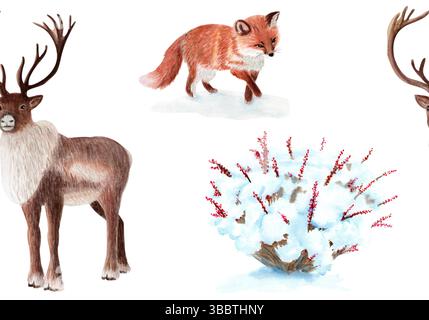 Rentier, Rotfuchs und schneebedeckter Busch mit Beeren nahtloses Muster auf weißem Hintergrund. Handgemaltes Winterdesign. Perfekt für Stockfoto