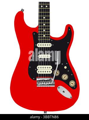 Eine typische rote E-Gitarre mit Tremolo-System. Stockfoto