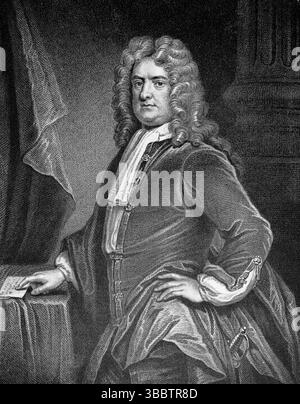 Porträt von Admiral Edward Russell, Earl of Oxford, Commander-in-Chief at Barfleur and La Hogue, 1692. Diese Schlachten fanden während des Neunjährigen Krieges statt. Von einer gedruckten Fotografie, die erstmals 1908 in dem Buch Londons of the British Fleet von John Lane, The Bodley Head veröffentlicht und von Edward Fraser geschrieben wurde. Stockfoto