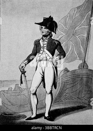 Offiziere der Kanalflotte, 1797. Von Rowlandson, Kapitän der Marines. Thomas Rowlandson schuf 1799 eine Serie von 10 Radierungen, die die britische Marine darstellen. Diese Bilder wurden erstmals von R. Ackermann in London veröffentlicht und bieten einen faszinierenden Blick auf Marineuniformen und -Rollen des späten 18. Jahrhunderts. Von einer gedruckten Fotografie, die erstmals 1908 in dem Buch Londons of the British Fleet von John Lane, The Bodley Head veröffentlicht und von Edward Fraser geschrieben wurde. Stockfoto