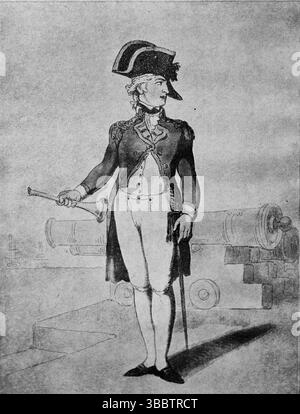 Offiziere der Kanalflotte, 1797. Von Rowlandson, Captain. Thomas Rowlandson schuf 1799 eine Serie von 10 Radierungen, die die britische Marine darstellen. Diese Bilder wurden erstmals von R. Ackermann in London veröffentlicht und bieten einen faszinierenden Blick auf Marineuniformen und -Rollen des späten 18. Jahrhunderts. Von einer gedruckten Fotografie, die erstmals 1908 in dem Buch Londons of the British Fleet von John Lane, The Bodley Head veröffentlicht und von Edward Fraser geschrieben wurde. Stockfoto