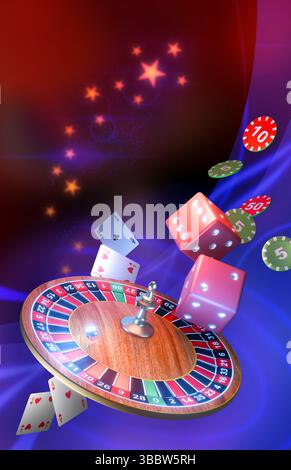 Spielkasino-Komposition mit Roulette, Karten und Würfeln. Digitale Illustration, 3D-Rendering. Stockfoto