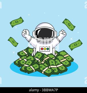 Ein niedlicher Cartoon-Astronaut feiert, während er von mehreren Dollars umgeben ist Stock Vektor