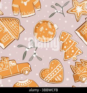 Weihnachtsrotes nahtloses Vektormuster mit Lebkuchenkeksen und Mistel. Winterdesign für Geschenkpapier, Stoff, Weihnachtsdekoration Stock Vektor