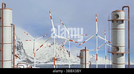 Symbolisches Bild für neue Technologie im Vergleich zu alter Technologie. Eine moderne Windkraftanlage mit Batteriespeicher in der wilden Natur, 3D Abbildung Stockfoto