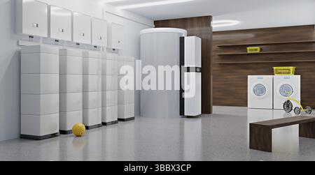 Ein moderner Batteriespeicher für kleine Unternehmen oder Privathaushalte, Abbildung 3D Stockfoto