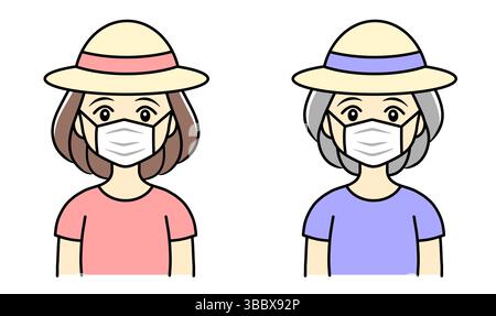 Junge Frau und ältere Frau mit Hüten und medizinischen Masken Stockfoto