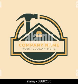 Klassisches Hammerhaus-Logo mit Fenster, kreisförmigem Rahmen, Baudesign, Immobiliensymbol, modernes Branding, Firmensymbol, professionelle Grafik Stock Vektor