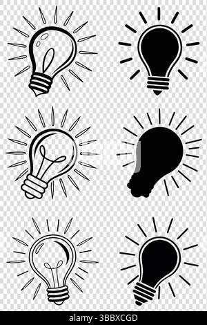 Sechs stilvolle Glühlampen-Symbole für Inspiration und Kreativität. Stock Vektor