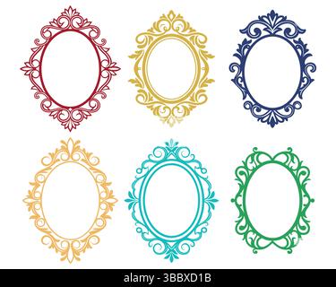 Dekoratives Rahmenset im Vintage- und Barockstil, farbenfrohe Umrissvektoren. Stock Vektor